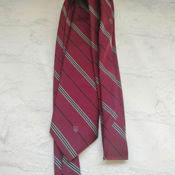 Dior Red Maroon Tie Necktie Multicolored Striped Textured Formal Blend material - Picture 4 of 12